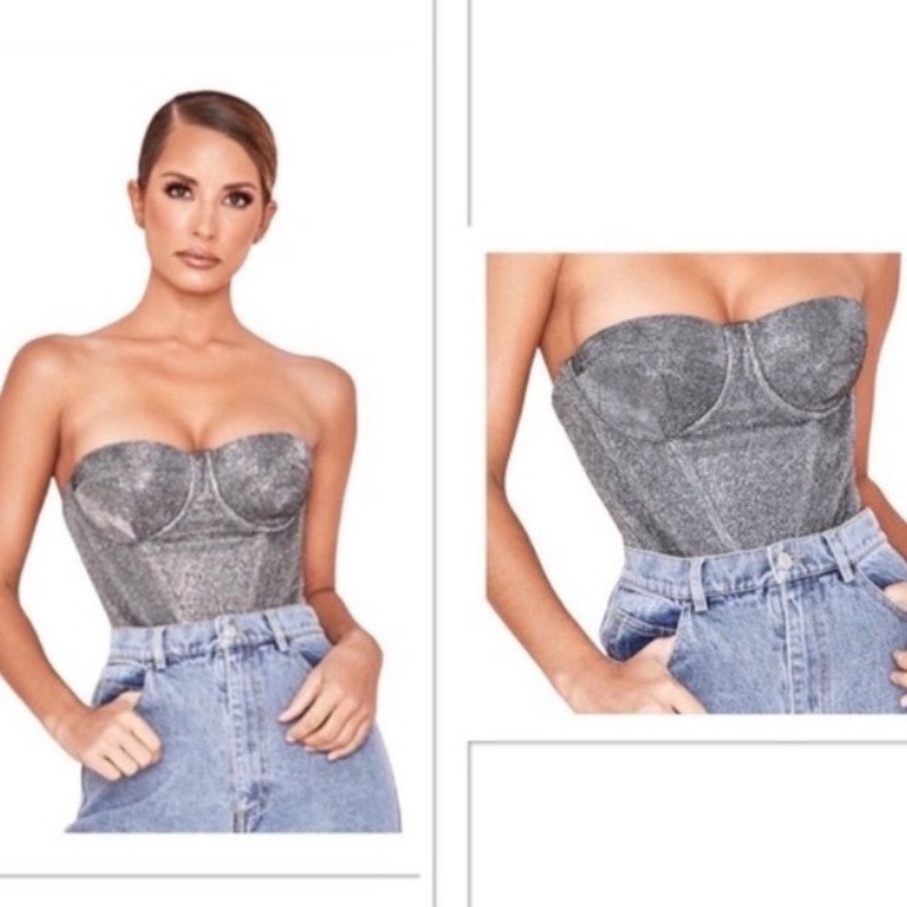 House of CB Donatella Silver Metallic Glitter Corset Bustier Top L SB4400